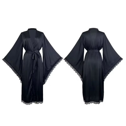 Black Sheer Robe with Feather Trim