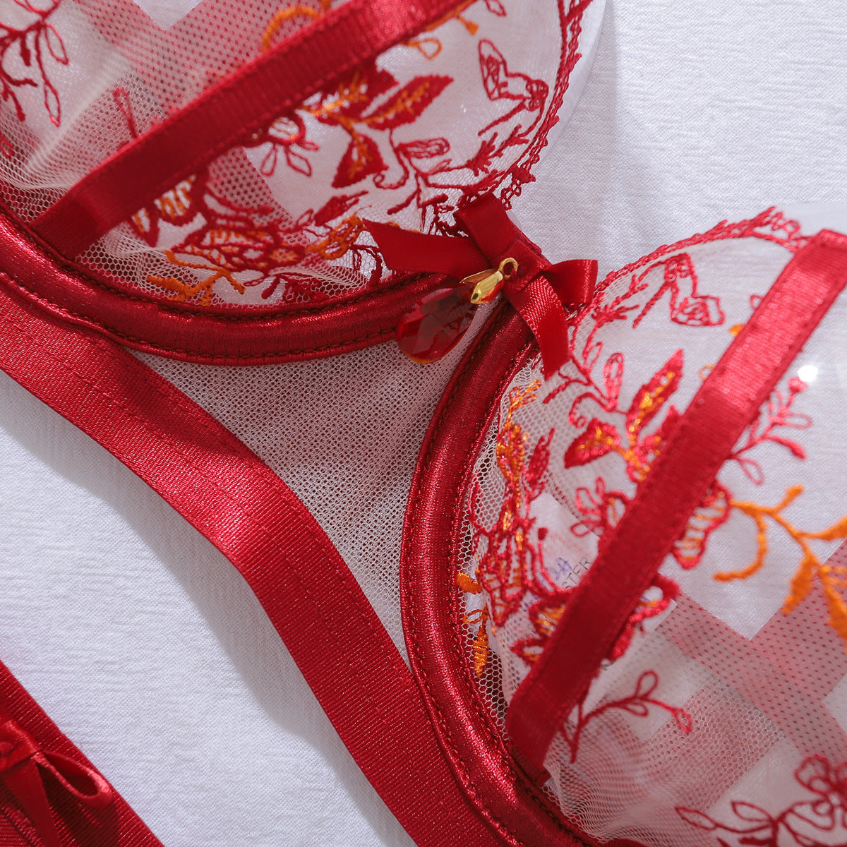 Red Floral Embroidered 5-Piece Lingerie Set with Garter Belt