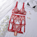 Red Floral Embroidered 5-Piece Lingerie Set with Garter Belt