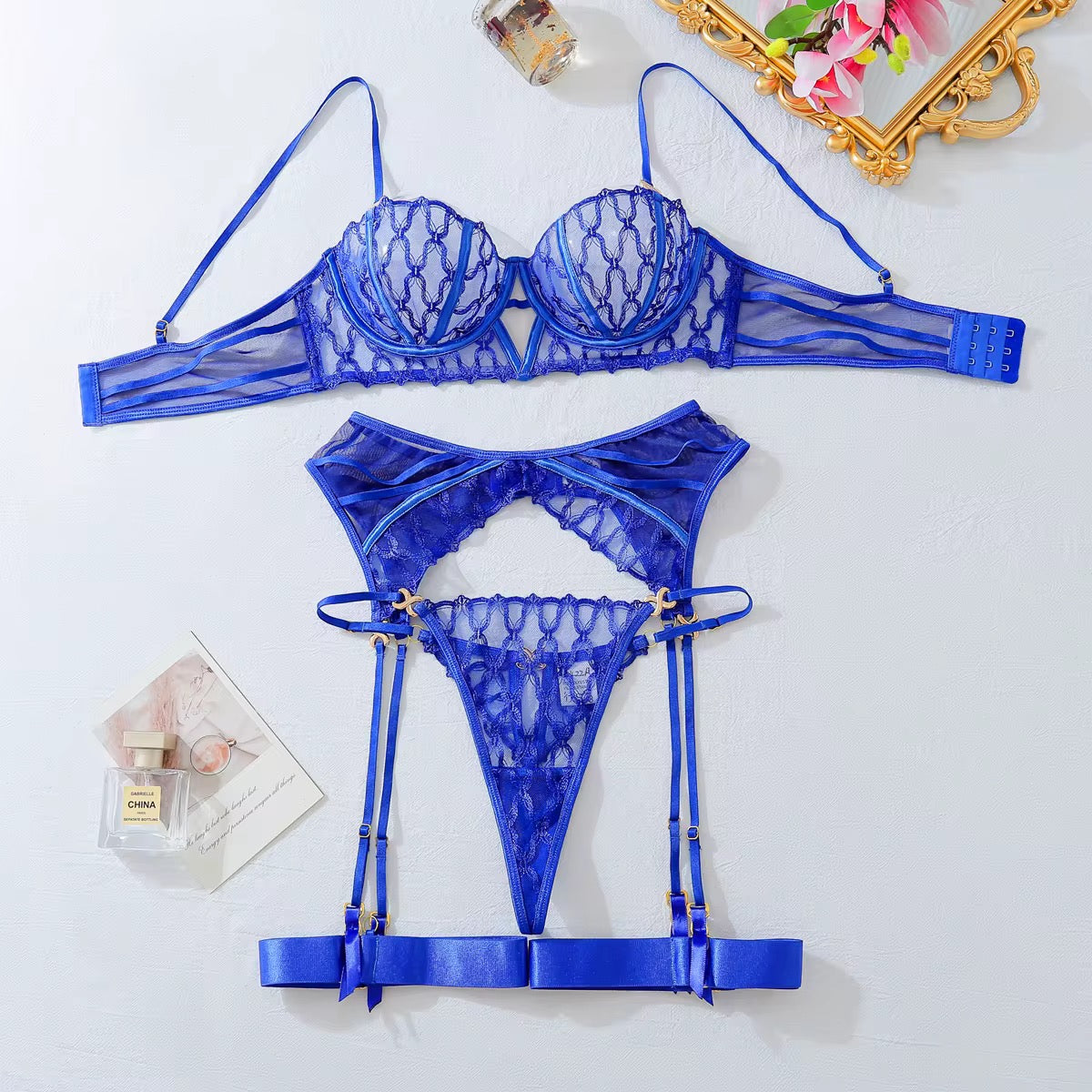 Royal Blue Lace 3-Piece Lingerie Set