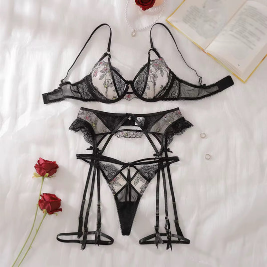 Licorice Pink Ribbon Corset 3-Piece Lingerie Set