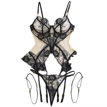 Champagne Truffle Lace Teddy with Garters