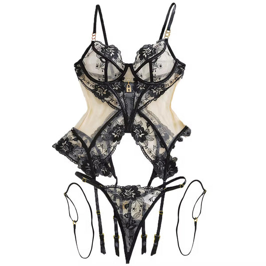 Champagne Truffle Lace Teddy with Garters