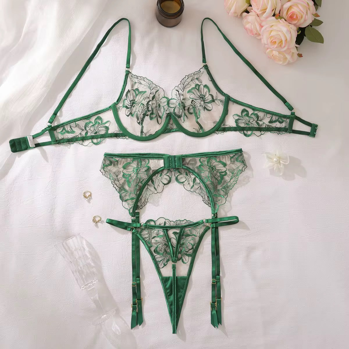 Green Floral Embroidered 3-Piece Lingerie Set