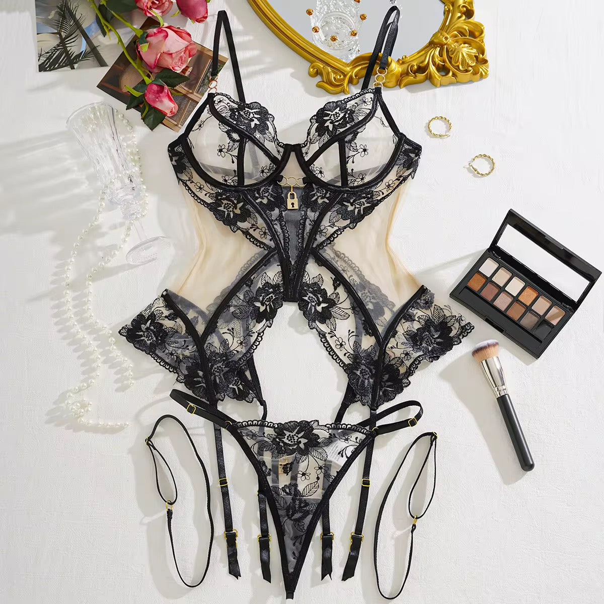 Champagne Truffle Lace Teddy with Garters