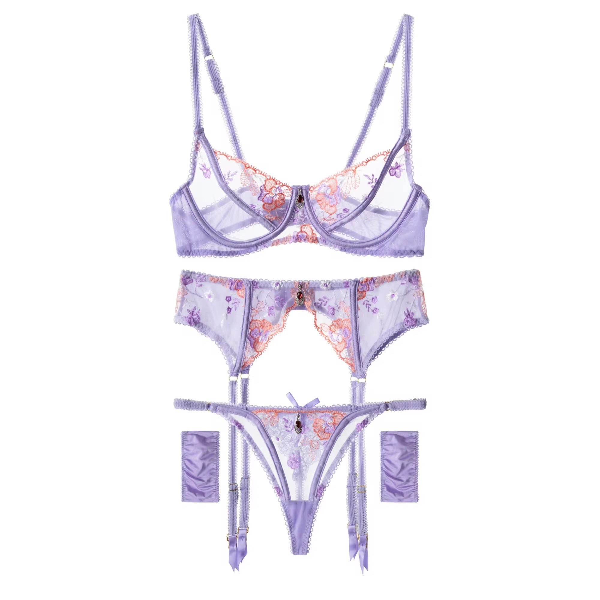 Light purple Floral Lace 3-Piece Lingerie Set