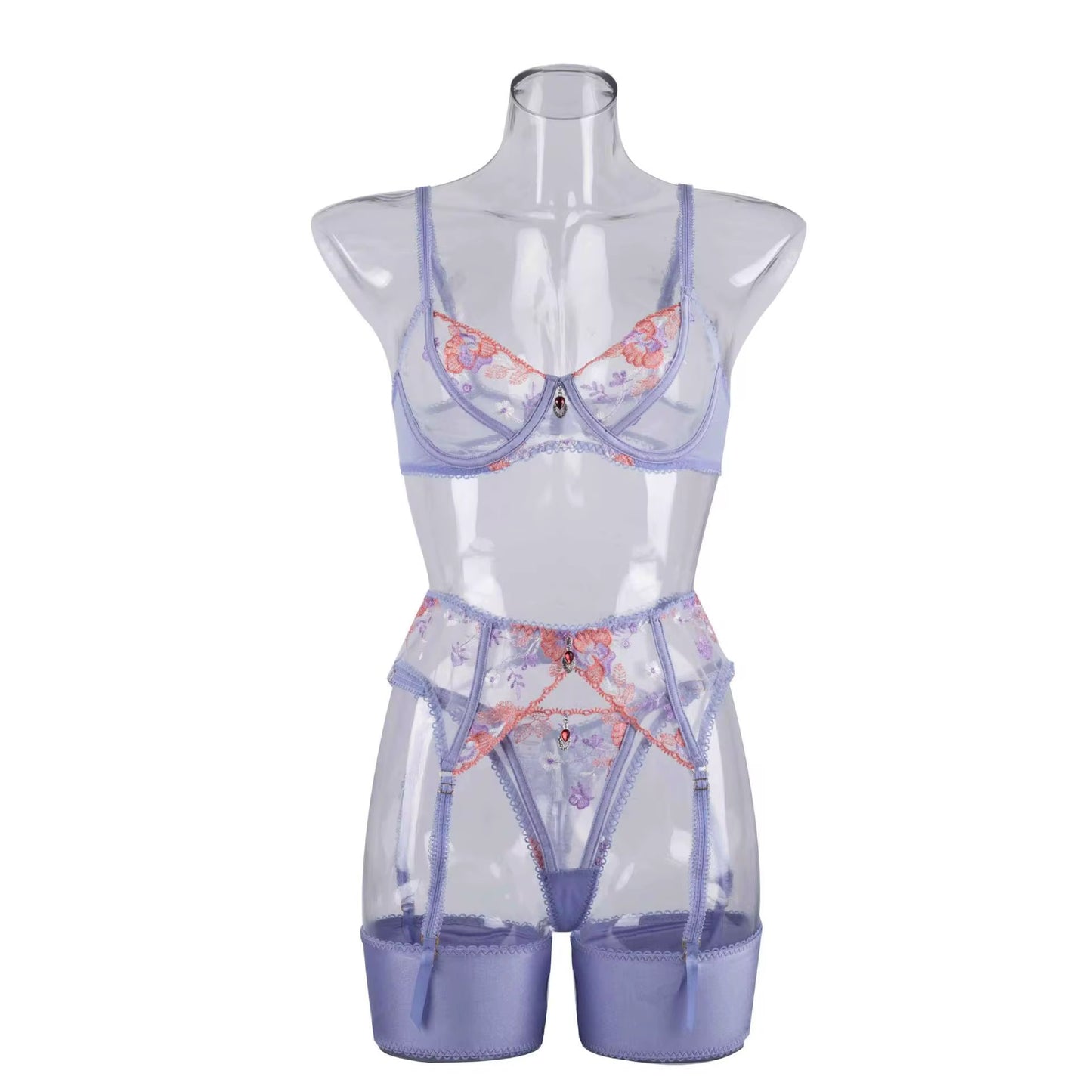 Light purple Floral Lace 3-Piece Lingerie Set