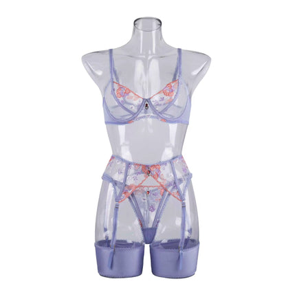Light purple Floral Lace 3-Piece Lingerie Set