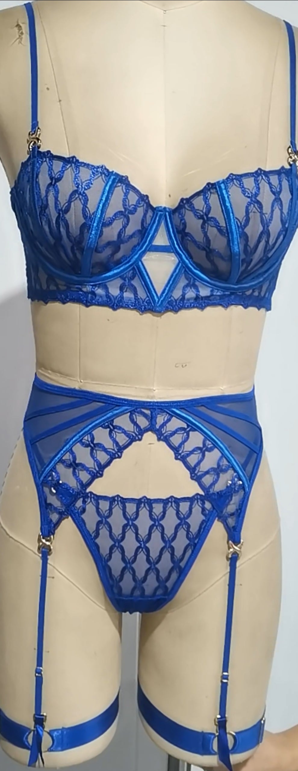 Royal Blue Lace 3-Piece Lingerie Set