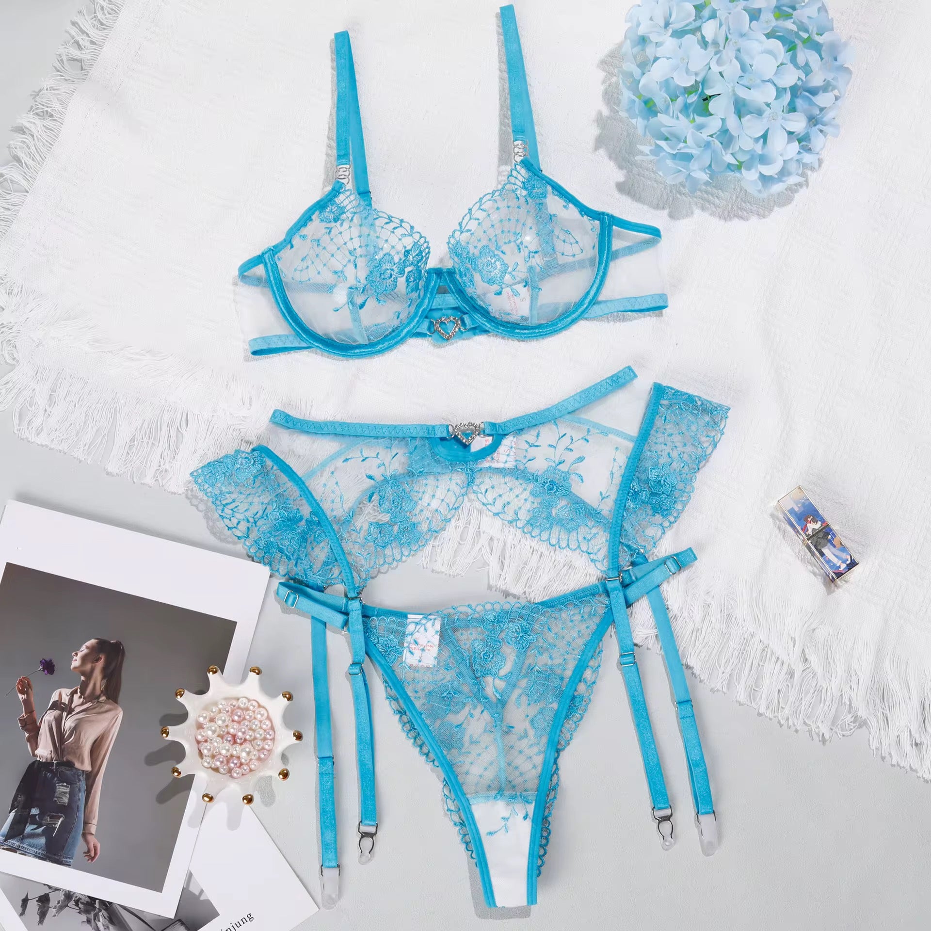 Tiffany blue  Bliss - Turquoise Floral 3-Piece Garter Set