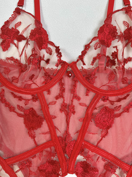 Cherry Blossom 4-Piece Lingerie Set with Garter Belt