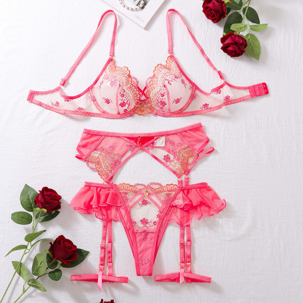 Exotic Pink Floral Lace 3-Piece Lingerie Set