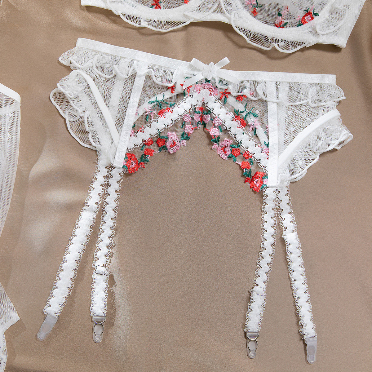 White Chocolate Blossom 5-Piece Lingerie Set with Garter Belt