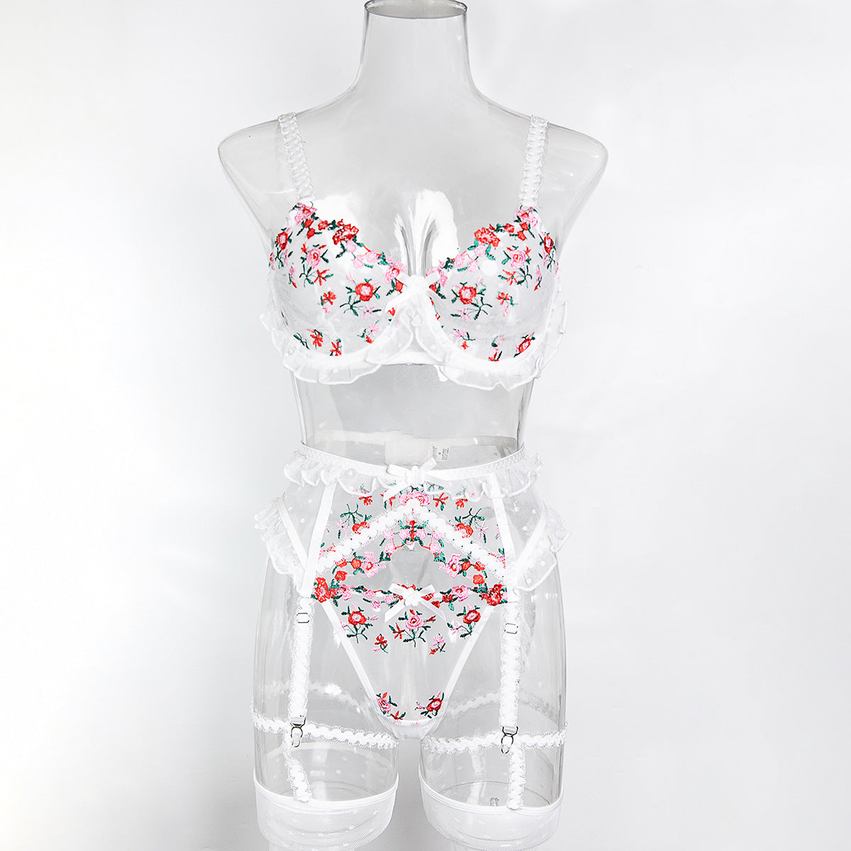 White Chocolate Blossom 5-Piece Lingerie Set with Garter Belt