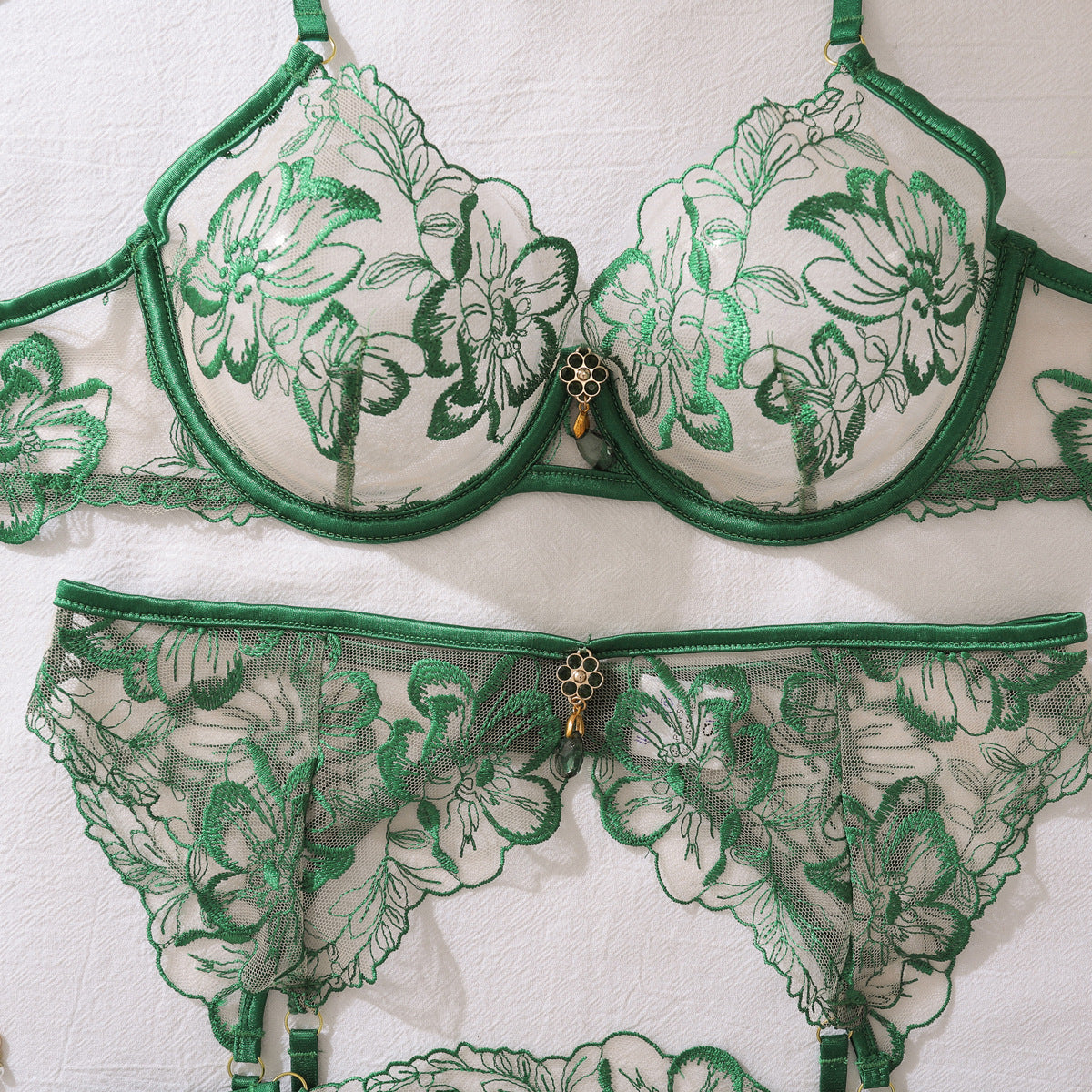 Green Floral Embroidered 3-Piece Lingerie Set