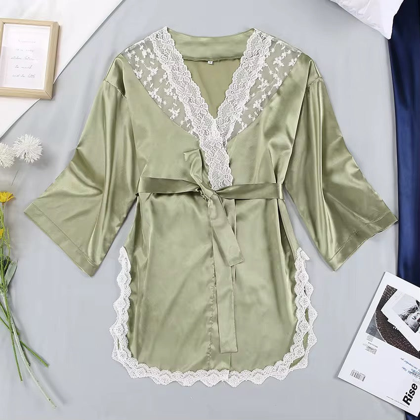 Pistachio Dream - Sage Green Satin Lace Robe