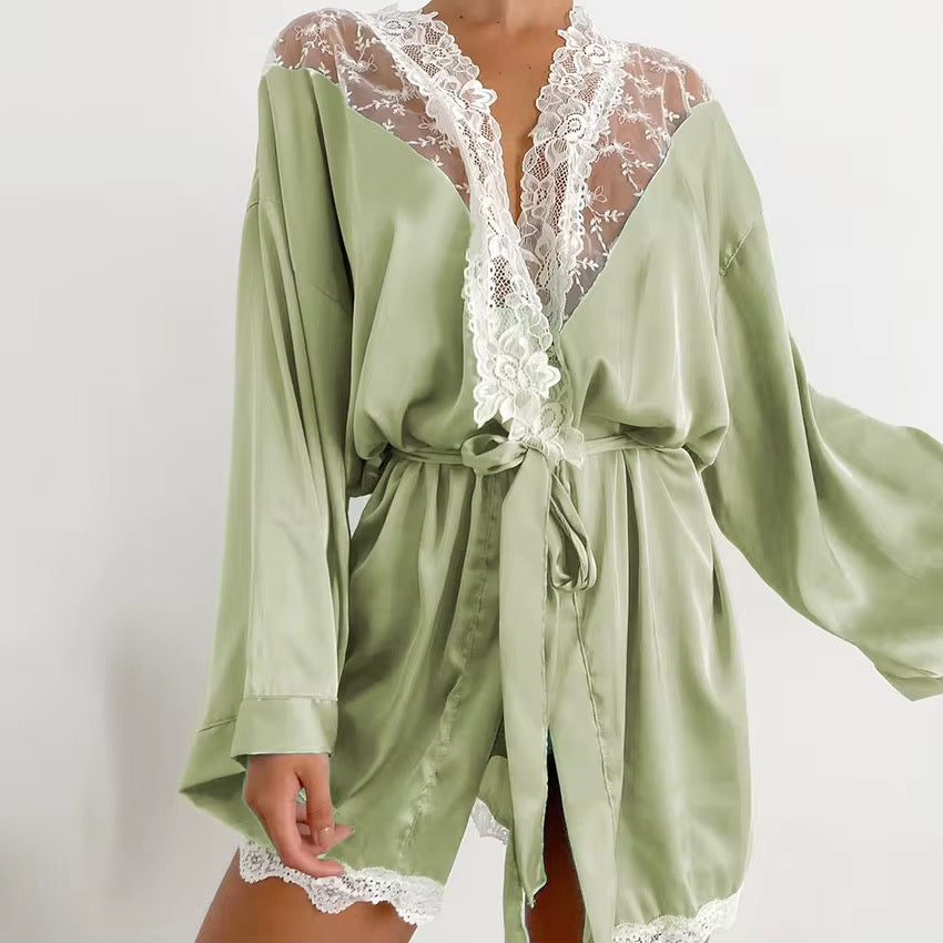 Pistachio Dream - Sage Green Satin Lace Robe
