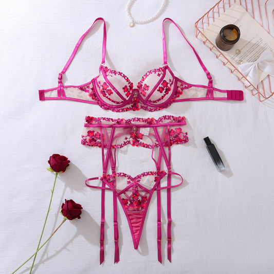 Hot Pink Floral Embroidered 3-Piece Lingerie Set with Garter